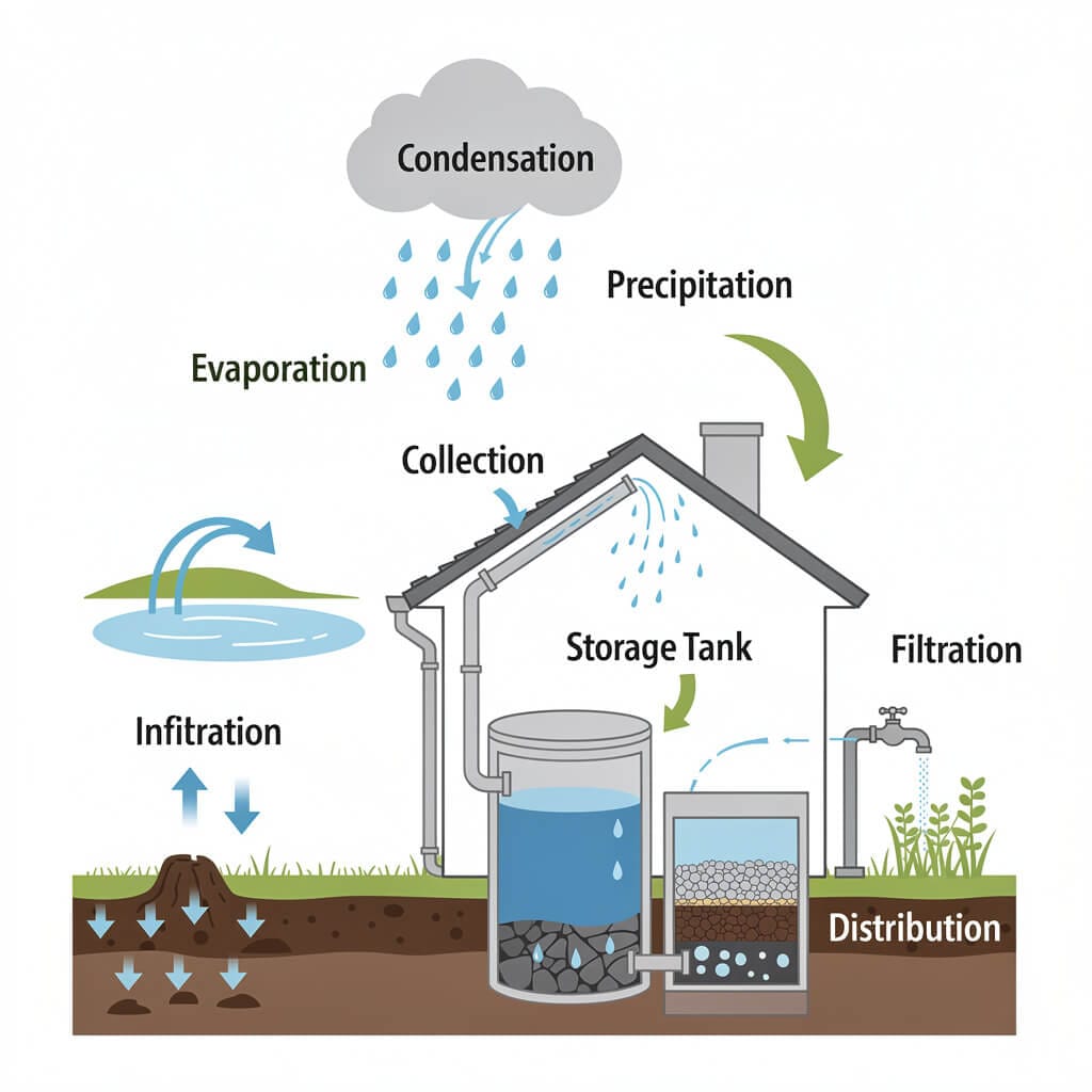 A diagram illustrating the water cycle in rainwater harvesting systems