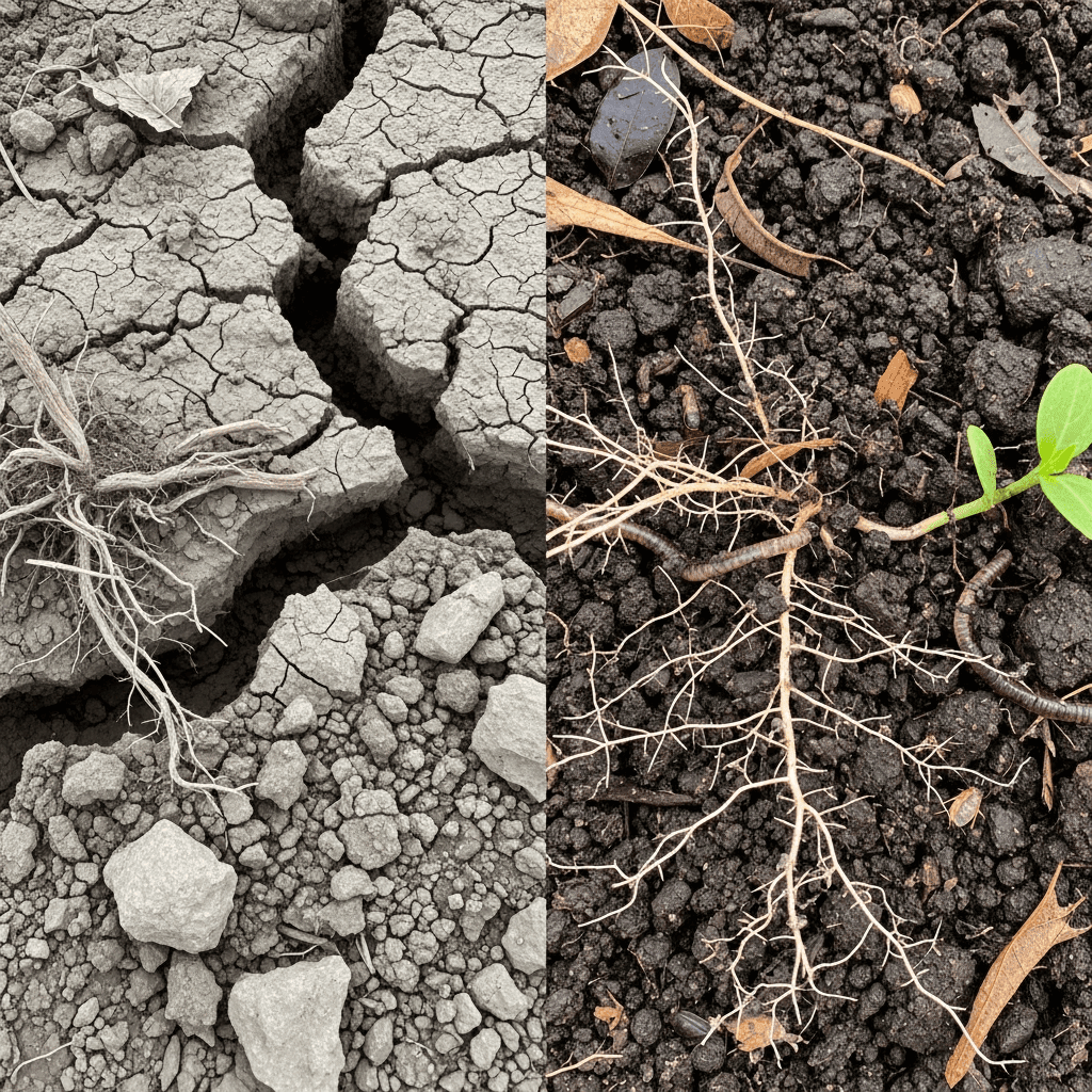 صورة مقارنة بين تربة متدهورة وتربة غنية بالمواد العضوية