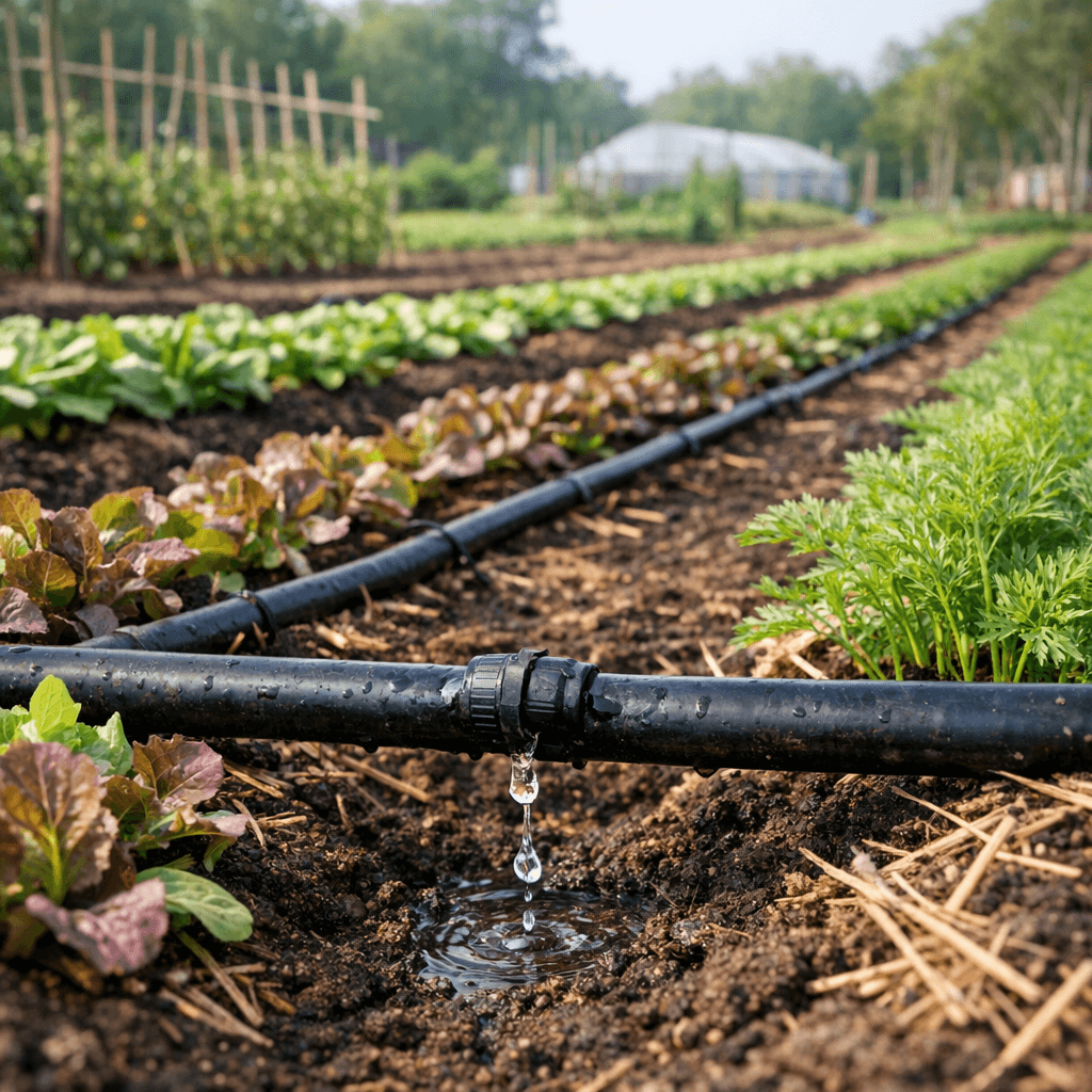 صورة نظام ري بالتنقيط في مزرعة عضوية