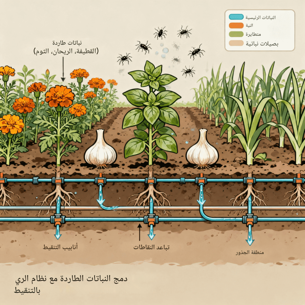 مخطط يوضح دمج النباتات الطاردة مع الري بالتنقيط
