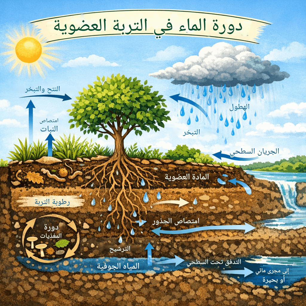 مخطط يوضح دورة الماء داخل التربة العضوية