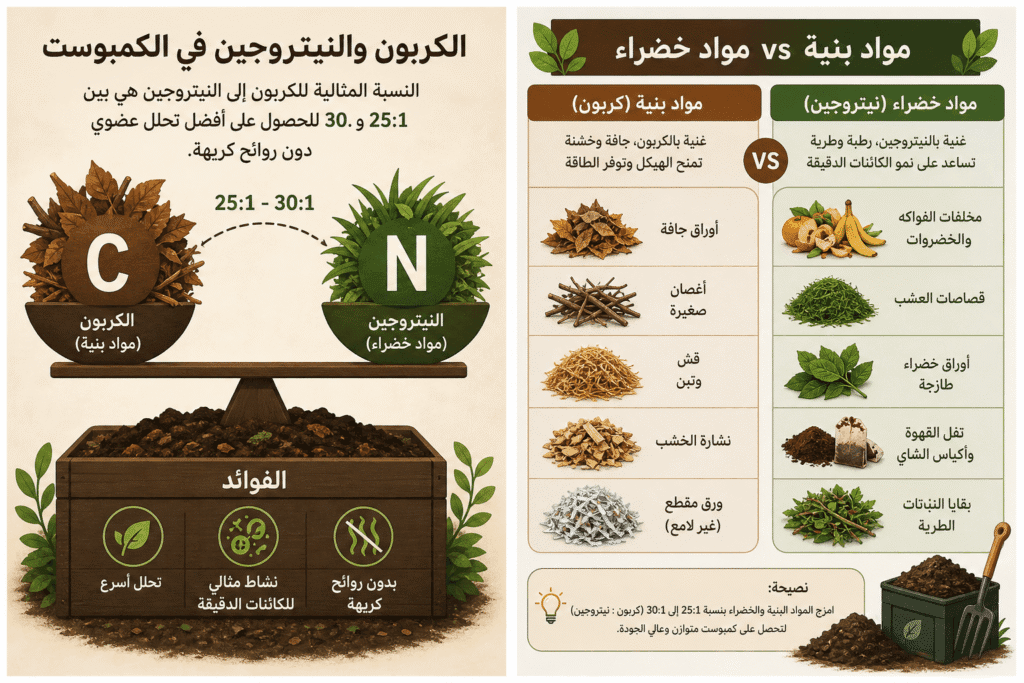 🌱أفضل نسبة كربون إلى نيتروجين لصناعة كمبوست مثالي 3 رسم توضيحي للكربون والنيتروجين