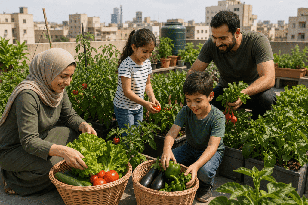 الزراعة الحضرية: كيف تزرع غذاءك فوق سطح منزلك 4 صورة لعائلة تحصد خضروات من السطح.