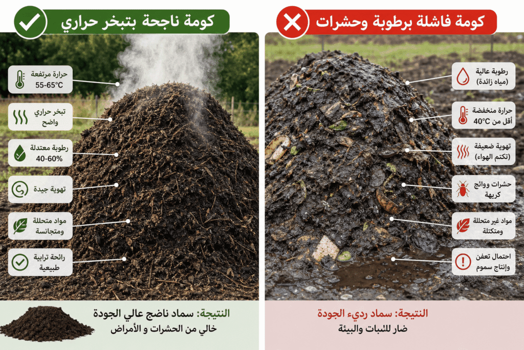 🌱أفضل نسبة كربون إلى نيتروجين لصناعة كمبوست مثالي 4 كومة ناجحة بتبخر حراري كومة فاشلة برطوبة وحشرات