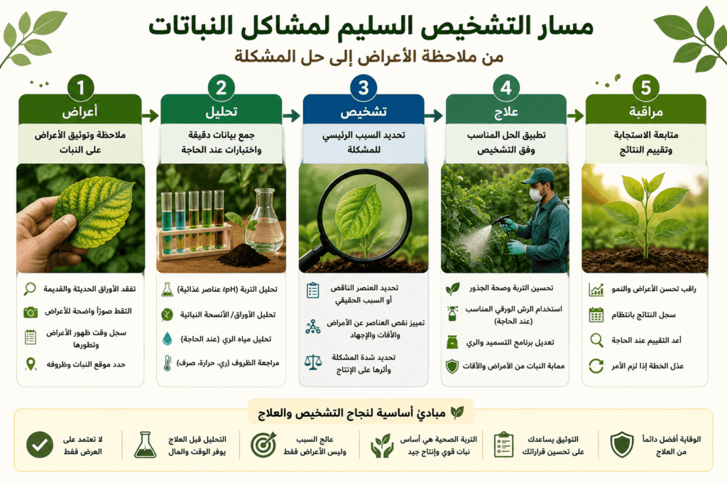 أعراض نقص العناصر الصغرى وعلاجها بالرش العضوي 4 مخطط يوضح مسار التشخيص أعراض → تحليل → تشخيص → علاج → مراقبة