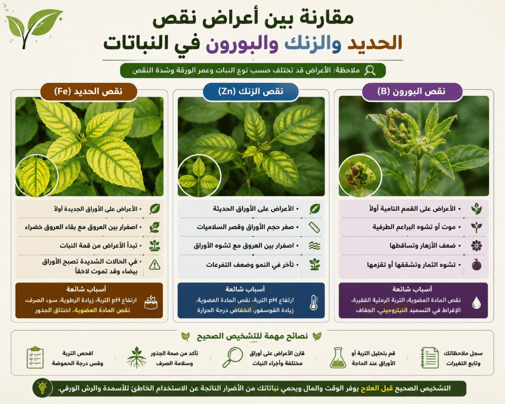 أعراض نقص العناصر الصغرى وعلاجها بالرش العضوي 5 لاحظ الفروق في نمط الاصفرار وموقع الأوراق المصابة